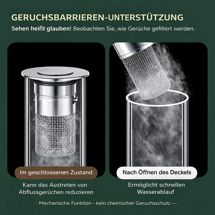 DrainGuard Pro Pop-up Abflusssieb im Waschbecken installiert, bietet Geruchsschutz & einfache Reinigung.
