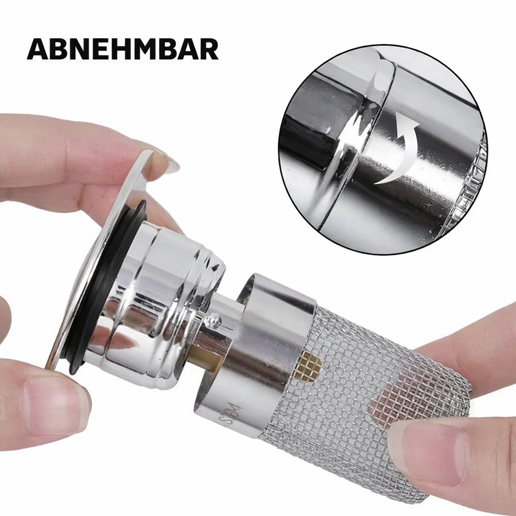 DrainGuard Pro Küchensieb im Spülbecken, fängt Essensreste & schützt Abflüsse vor Verstopfung.