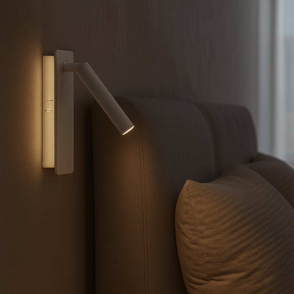 Drehbare LED-Wandleuchte als flexibles Leselicht für Schlafzimmer. Modern, dimmbar, energiesparend.