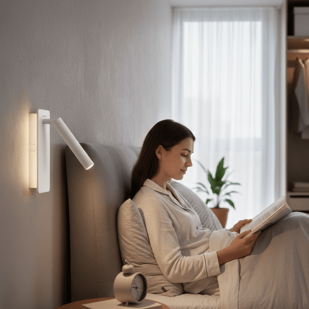 Weiße, drehbare LED-Bettlampe, ideal als Leselicht und Akzentbeleuchtung im Schlafzimmer.