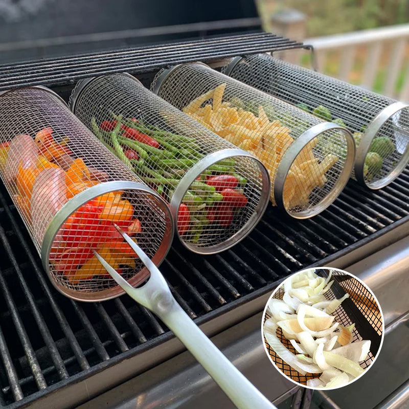 Drehbarer BBQ Grillkorb aus Edelstahl für gleichmäßiges Garen von Gemüse und Fleisch auf dem Grill.