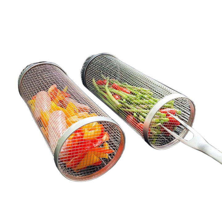 Robuster drehbarer Edelstahl Grillkorb, leicht zu reinigen, für gesundes und gleichmäßiges Grillen.