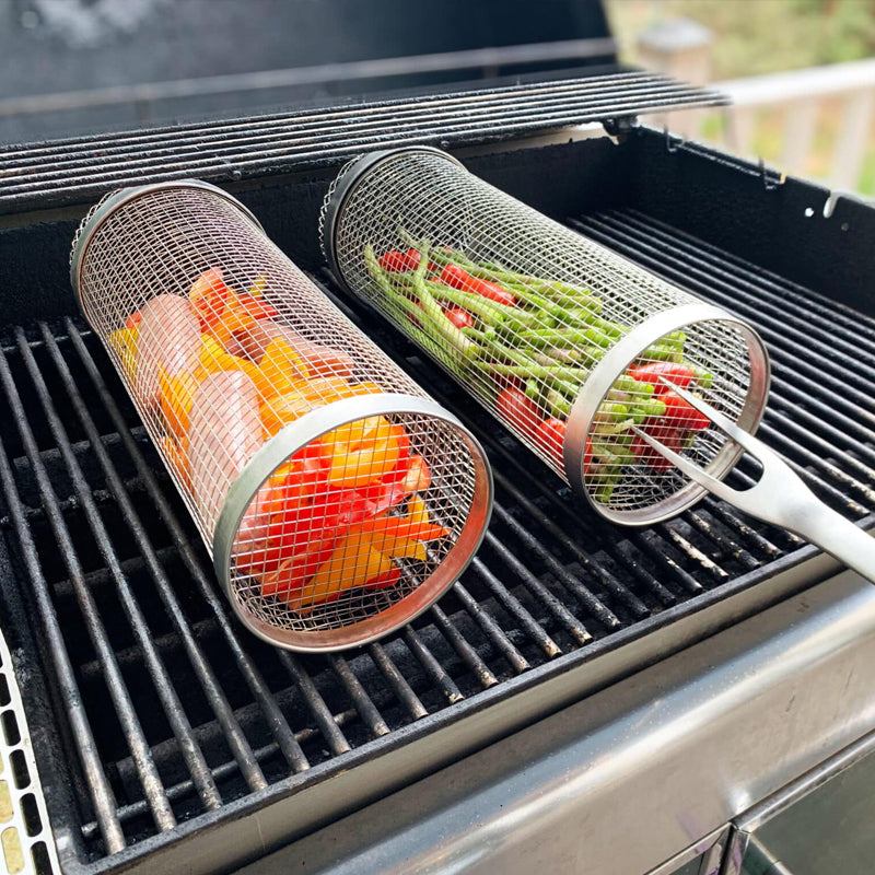 Langlebiger Edelstahl-BBQ-Grillkorb, drehbar, für perfekt gegrilltes Essen ohne ständiges Wenden.