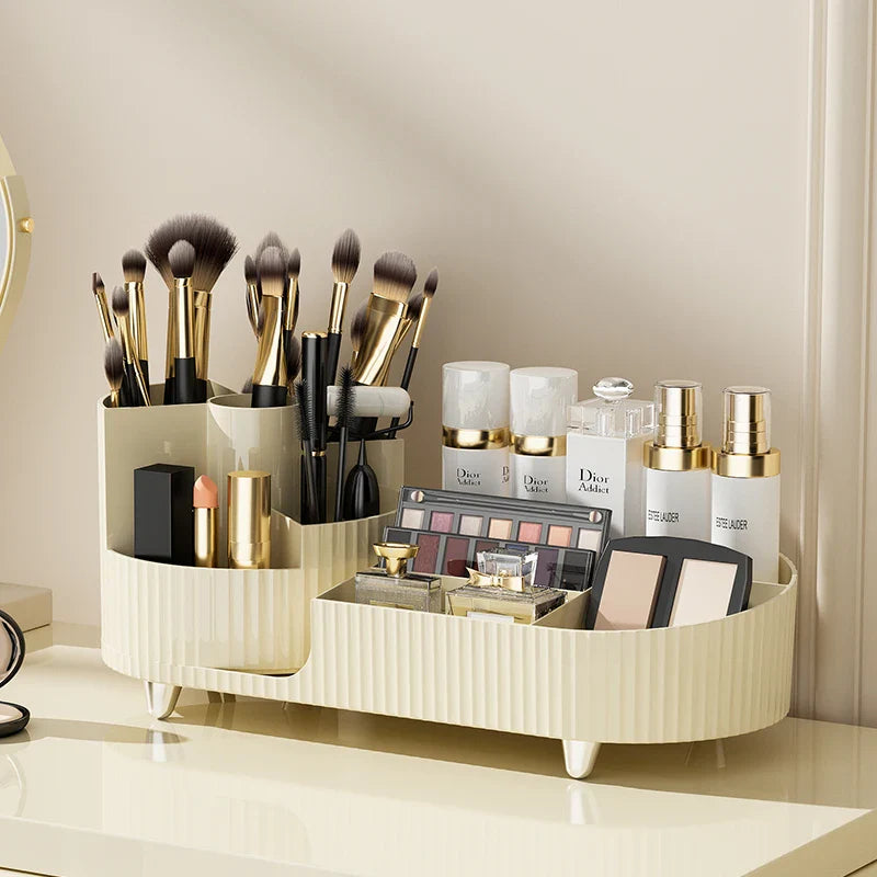 Drehbarer Organizer für Kosmetik & Büromaterial, transparent, spart Platz auf dem Schminktisch.