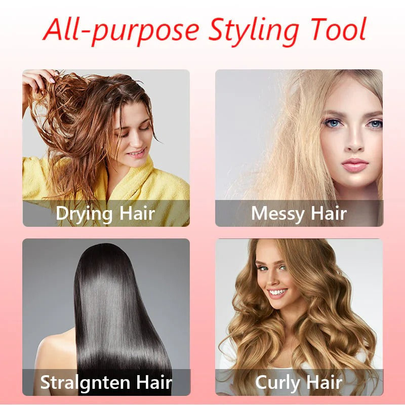 Schnelles Trocknen & Styling: Haartrockner mit drehbarer Volumen- und Lockenbürste.