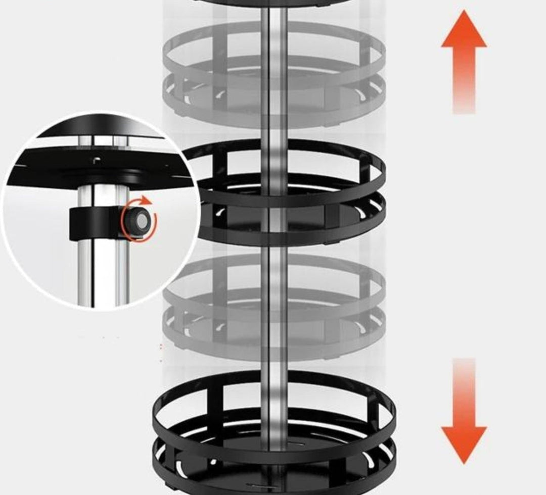 Elegantes drehbares Edelstahlregal TwistRack 360° zur Aufbewahrung in Küche und Bad.