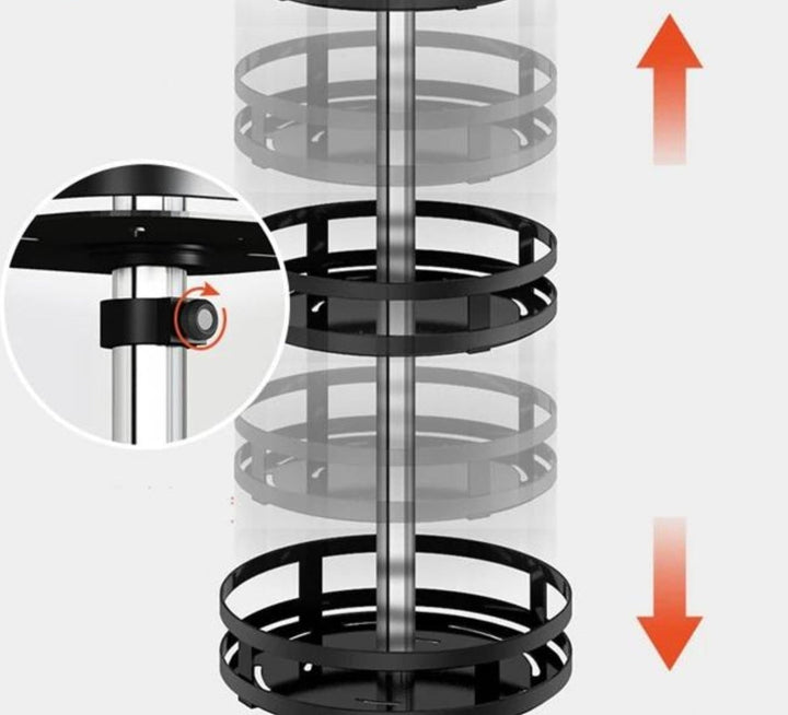 Elegantes drehbares Edelstahlregal TwistRack 360° zur Aufbewahrung in Küche und Bad.