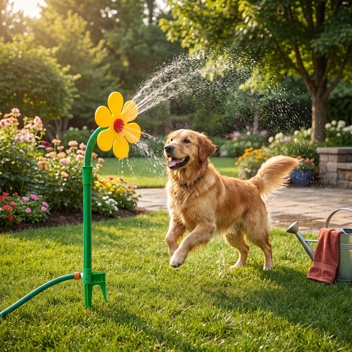 Drehender Sonnenblumen Sprinkler für Hunde bietet Spiel & Abkühlung im Garten als Wasserspielzeug.