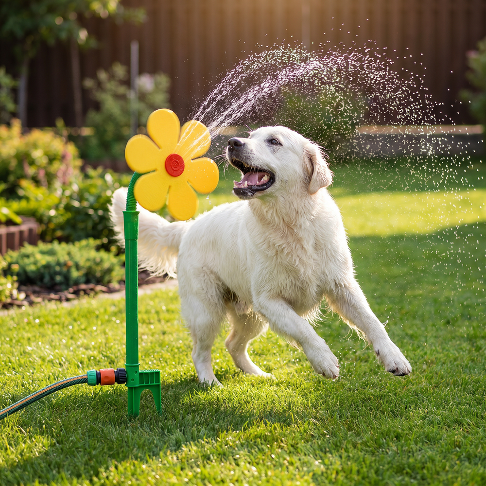 Aktives Hundespielzeug: Sonnenblumen Sprinkler sorgt für Sommerspaß & Abkühlung für Hunde.