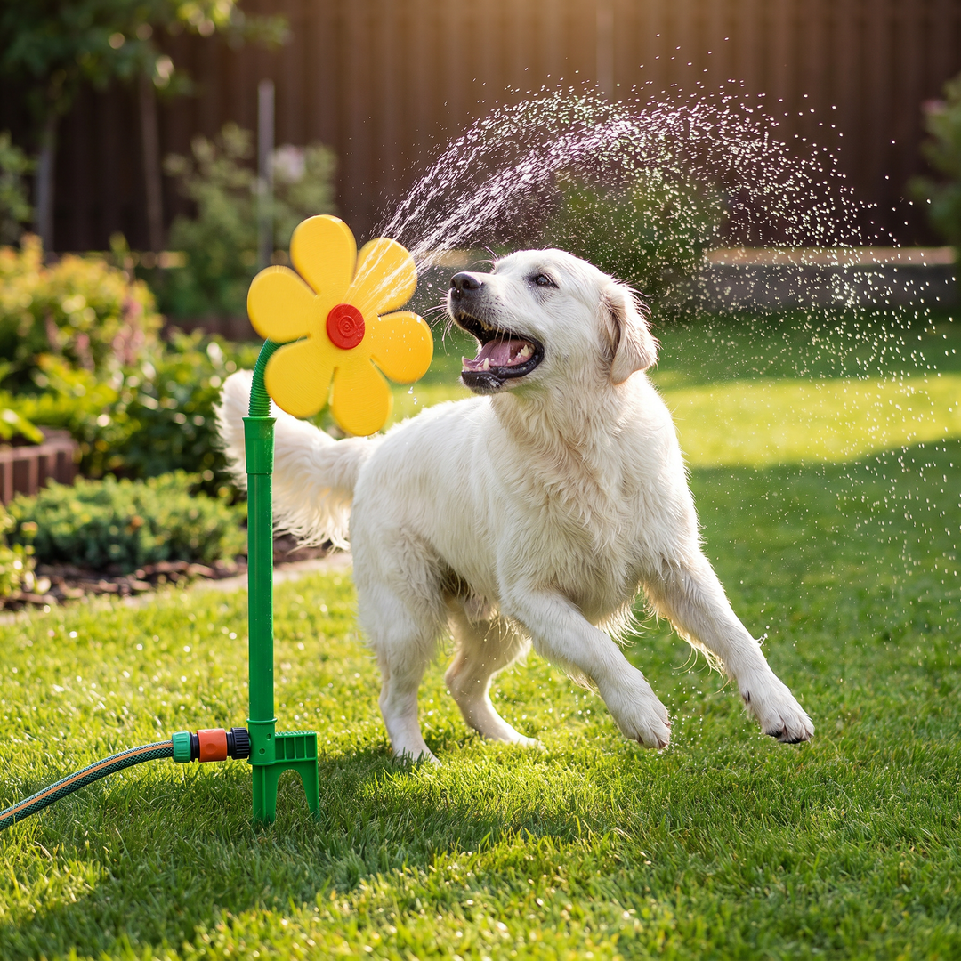 Aktives Hundespielzeug: Sonnenblumen Sprinkler sorgt für Sommerspaß & Abkühlung für Hunde.