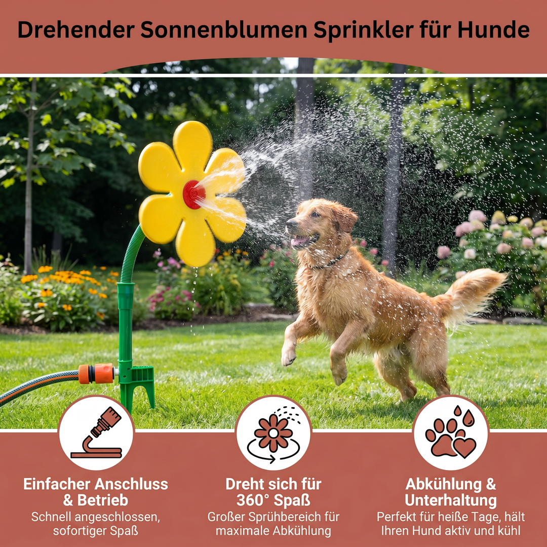 Bunter Sonnenblumen-Wassersprinkler als Hundespielzeug für Garten-Aktivität und erfrischende Abkühlung.