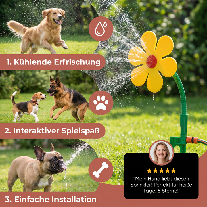 Welpen-Wasserspielzeug: Drehender Sonnenblumen Hundesprinkler für Spiel und kühle Erfrischung im Freien.