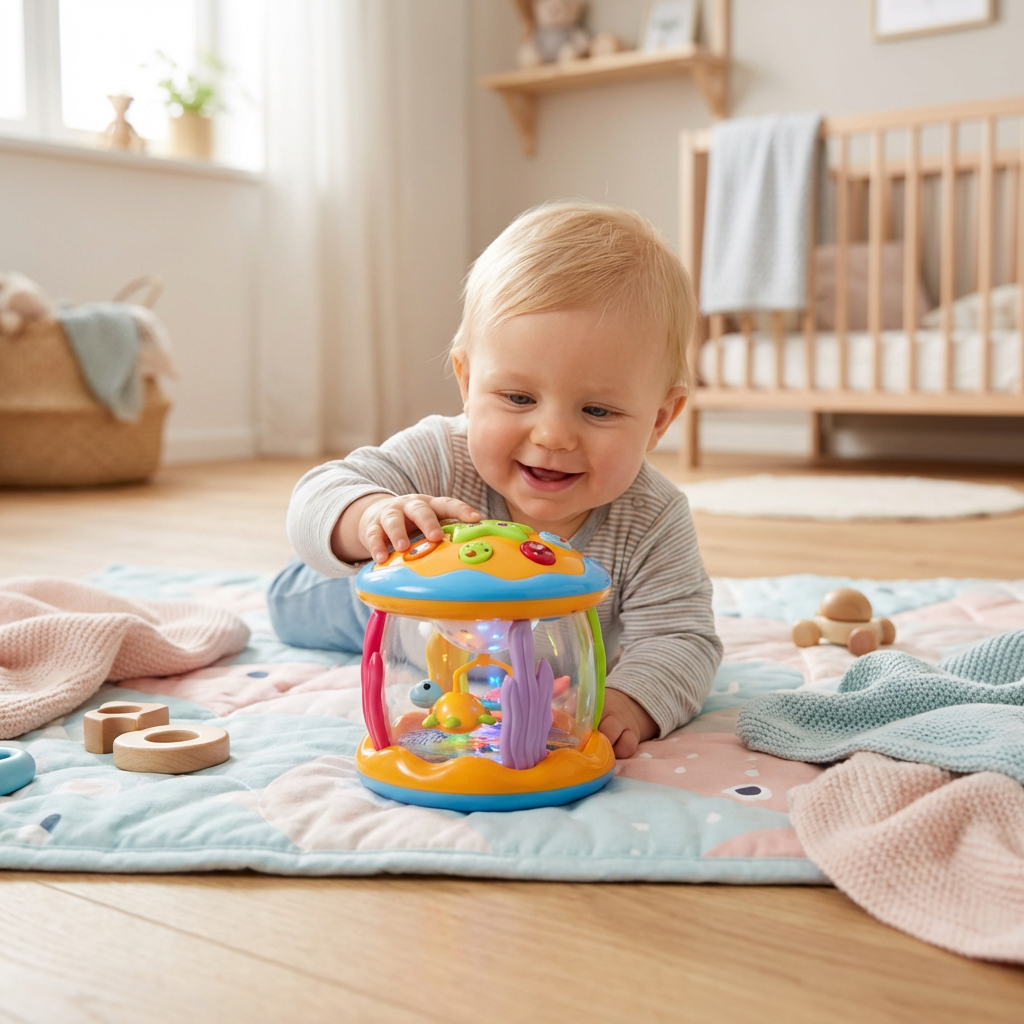 Drehendes Babyspielzeug Ozean mit Lichtern & Musik fördert Motorik & Sinneswahrnehmung. Ideal für Bauchlage.