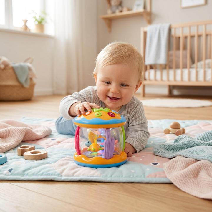 Drehendes Babyspielzeug Ozean mit Lichtern & Musik fördert Motorik & Sinneswahrnehmung. Ideal für Bauchlage.