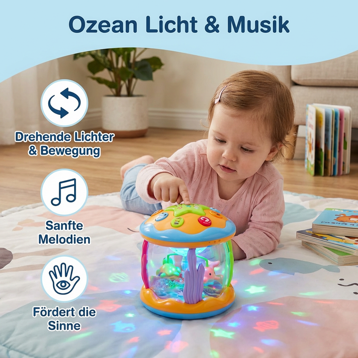 Sensorikspielzeug Ozean für Babys, drehend, mit Licht & Musik. Unterstützt Entwicklung & Krabbeln. Süßes Babygeschenk.