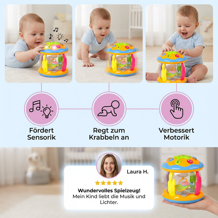 Farbenfrohes Ozean Sensorik-Spielzeug mit rotierenden Elementen, sanftem Licht und Melodien für Babys Sinneswahrnehmung.