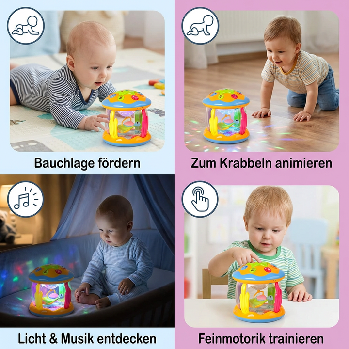 Babyspielzeug Ozean für Bauchlage: Drehendes Entwicklungsspielzeug mit Licht, Musik & Meerestieren. Fördert Motorik.