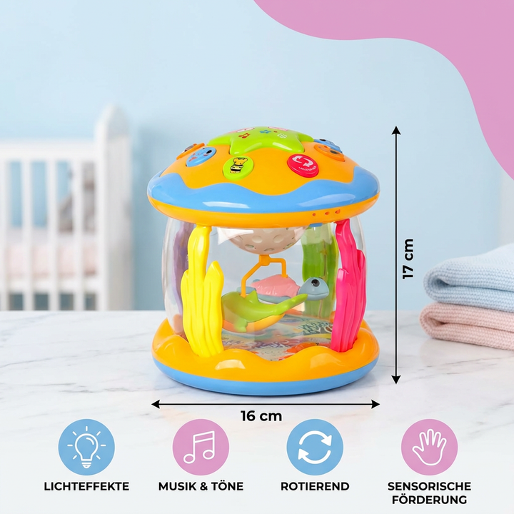 Interaktives Sensorik Babyspielzeug Ozean mit drehbarer Platte, Lichtern & Musik. Perfekt als Entwicklungsspielzeug.