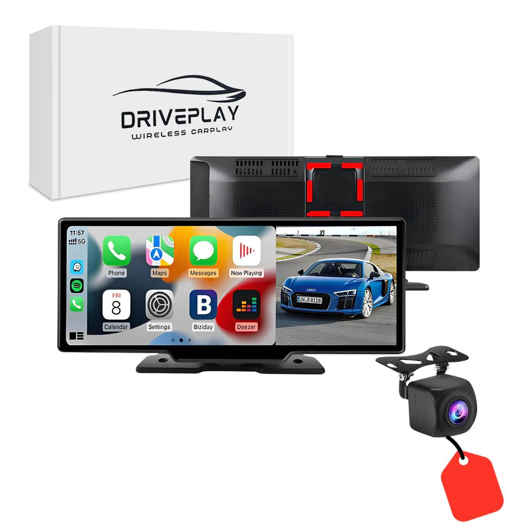 Auto-Display mit Apple CarPlay Interface. DrivePlay Pro 2+ ermöglicht Musik, Navigation & Anrufe über Sprachsteuerung.