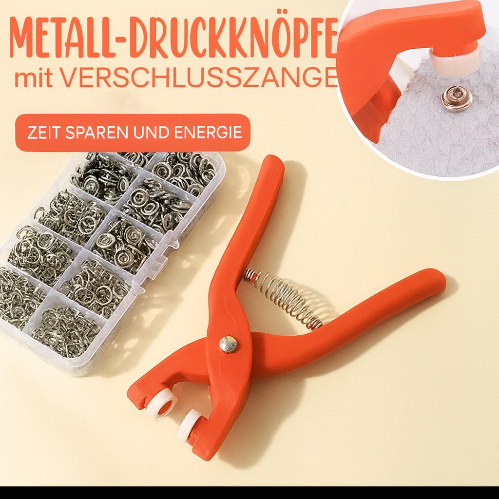 Druckknopfzangen-Set mit Zange und verschiedenen rostfreien Metallknöpfen für Nähzubehör & DIY-Projekte.