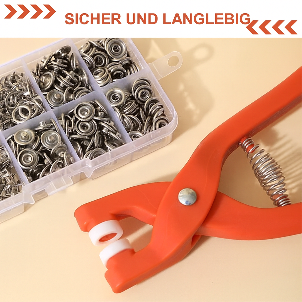Praktisches Druckknopfzangen-Set mit Zange und einer Auswahl an Metall-Druckknöpfen für Textilien.