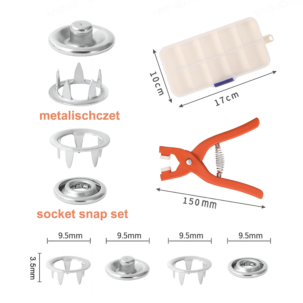 Hochwertige, rostfreie Metall-Druckknöpfe und stabile Zange im Nähzubehör-Set für langlebige Projekte.