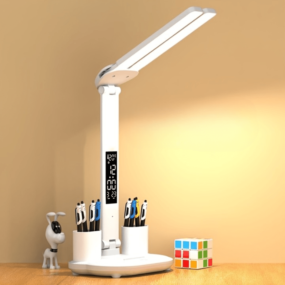Dual-Kopf LED-Schreibtischlampe mit modernem Design, Touch-Steuerung & USB-Anschluss für effizientes Arbeiten.