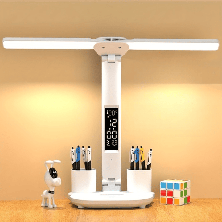 Moderne LED-Leselampe mit Dual-Kopf Design, Touch-Steuerung und USB-Stromversorgung für komfortables Lesen.