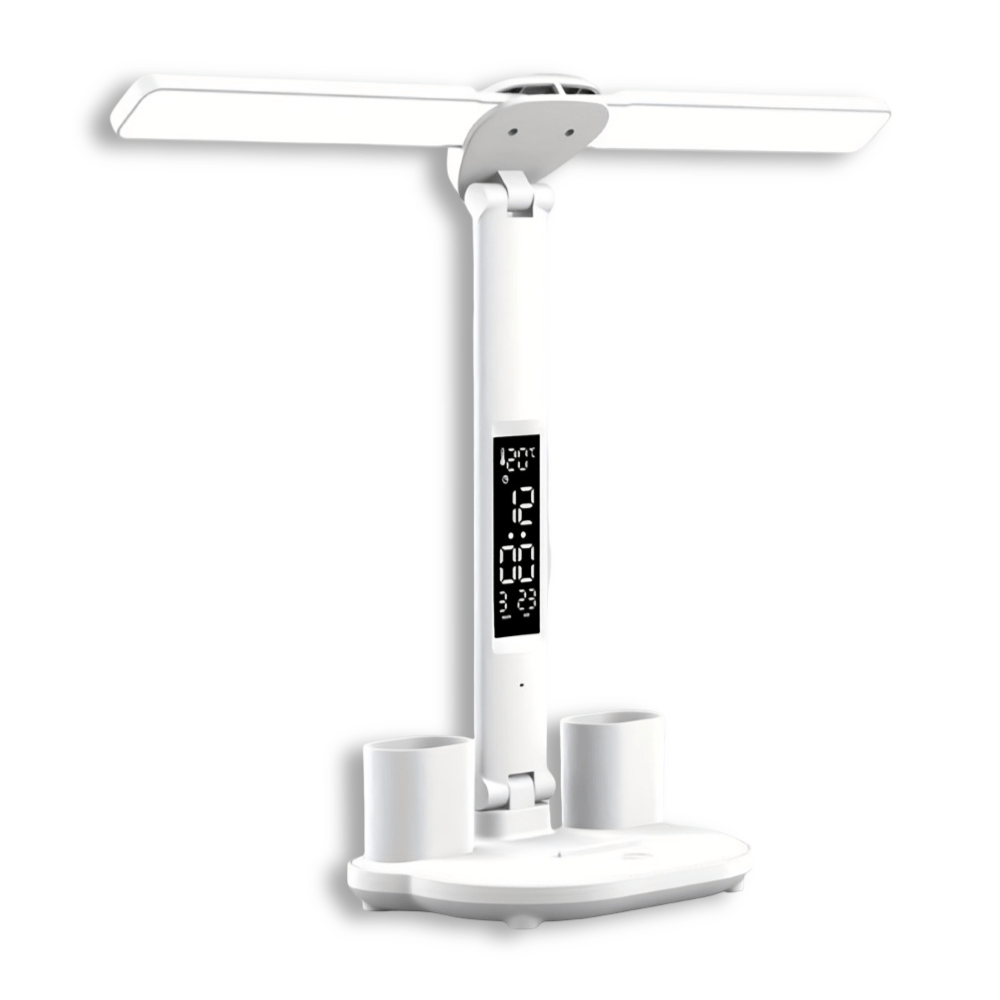 Kompakte LED-Schreibtischleuchte im modernen Stil, zwei Köpfe, einfache Touch-Bedienung & USB-betrieben.