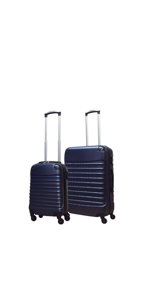 Dunkelblaues 2-teiliges Hartschalen-Kofferset für stilvolle Reisen und Urlaub, ideal als Rollkoffer.