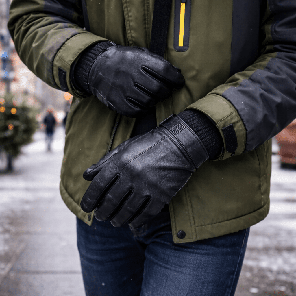 Dunkle Herren Lederhandschuhe, elegant und zeitlos, perfekt für Winter und Business-Outfits.
