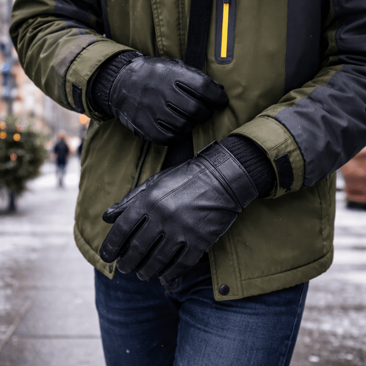 Dunkle Herren Lederhandschuhe, elegant und zeitlos, perfekt für Winter und Business-Outfits.