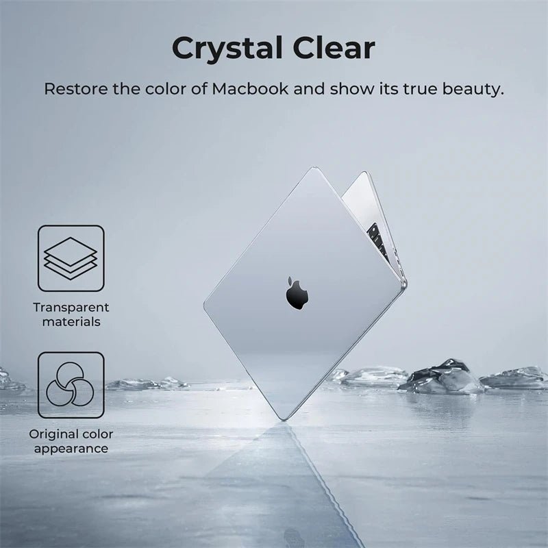 Durchsichtige MacBook Air M2 Hülle von der Seite, präzise Aussparungen für Anschlüsse. Perfekter Schutz.
