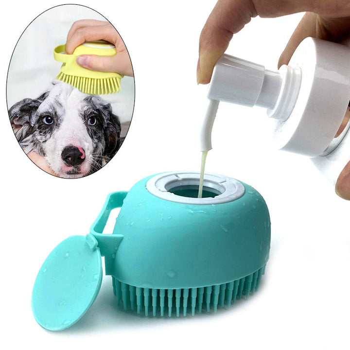 Duschbürste für Haustiere: Blaue Silikon-Massagebürste für Hunde & Katzen, ideal für sanfte Fellpflege & Tiefenreinigung.