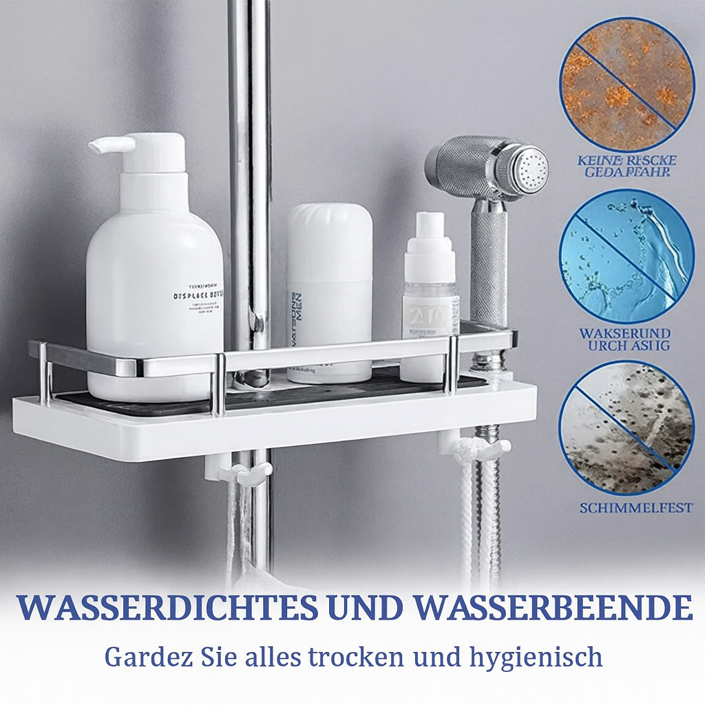 Praktische Duschablage für Duschstange, bohrfrei, ideal für Shampoo & Badzubehör im Badezimmer.