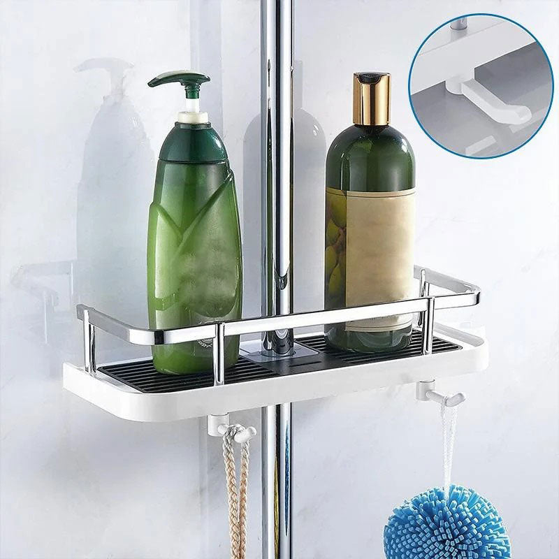 Eleganter Dusch-Organizer in Weiss, bohrfrei, schafft Ordnung für Shampoo & Seife an der Duschstange.