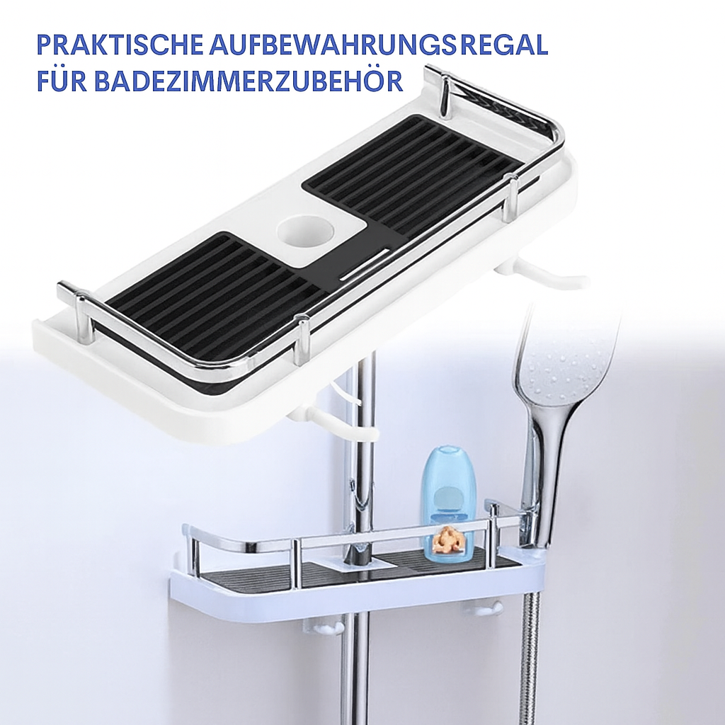 Robuster Edelstahl Duschregal für Duschstangen, bohrfrei, bietet Stauraum für Shampoo & Badaccessoires.