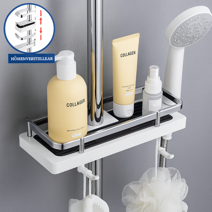 Einfacher Duschstangen-Organizer aus Kunststoff, bohrfrei, für Shampoo & Seife in der Dusche.
