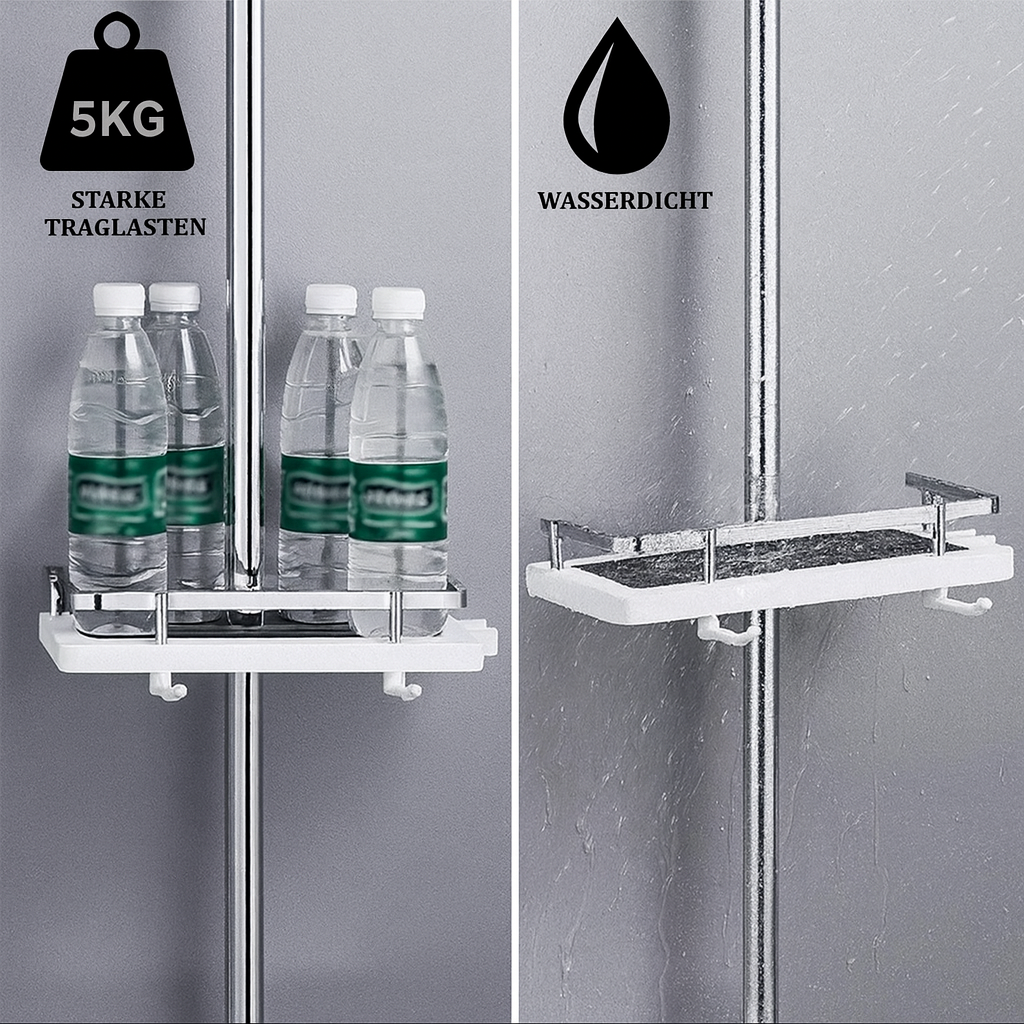 Schwarzer Duschablage bohrfrei, für mehr Ordnung und Stauraum an Ihrer Duschstange im Badezimmer.