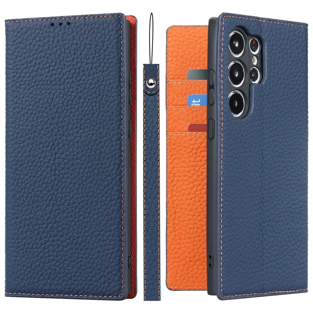 Lederhülle mit Brieftaschenfunktion für Samsung S23, ausgestattet mit Kartenfächern und Klappständer.
