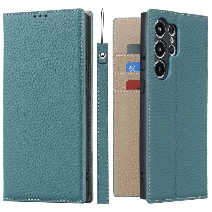 Samsung S23 Ultra Echtleder Wallet Case in Braun, mit sicherem Magnetverschluss und Display-Schutz.