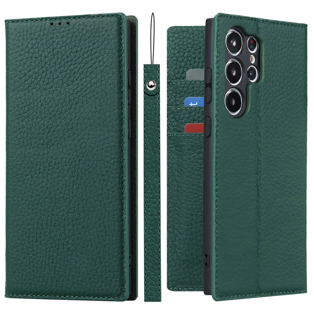 Praktische Schutzhülle für Samsung S23 Modelle aus echtem Leder, vereint Handyhülle und Geldbörse.