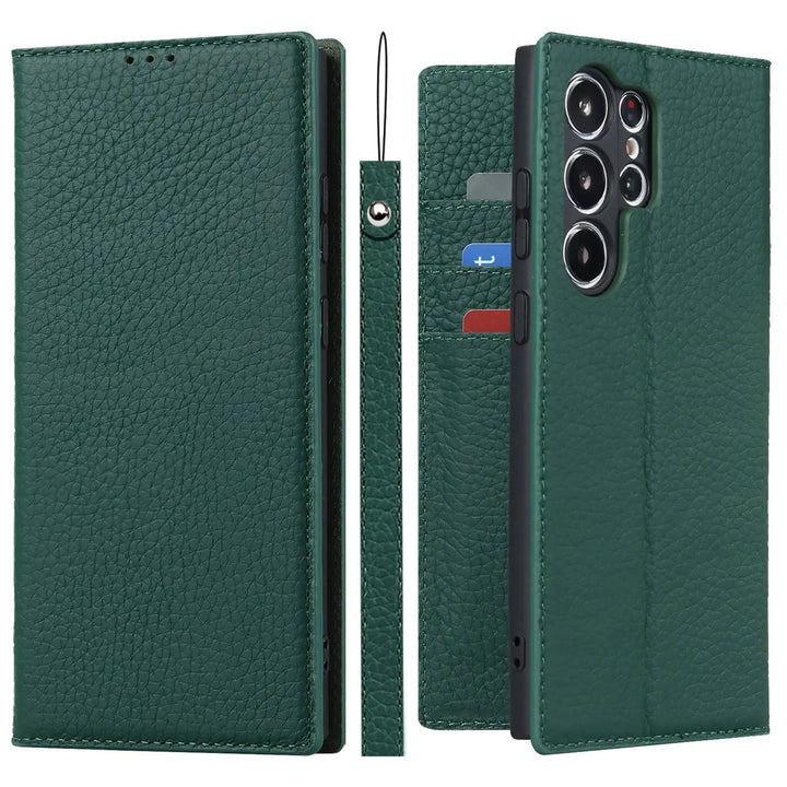 Praktische Schutzhülle für Samsung S23 Modelle aus echtem Leder, vereint Handyhülle und Geldbörse.