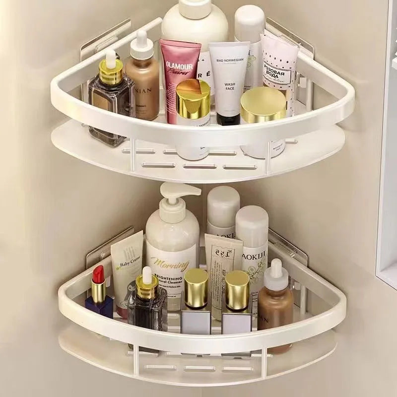 Schwarze Eck-Duschablage ohne Bohren, modernes Badregal für Shampoo und Seife im Badezimmer.