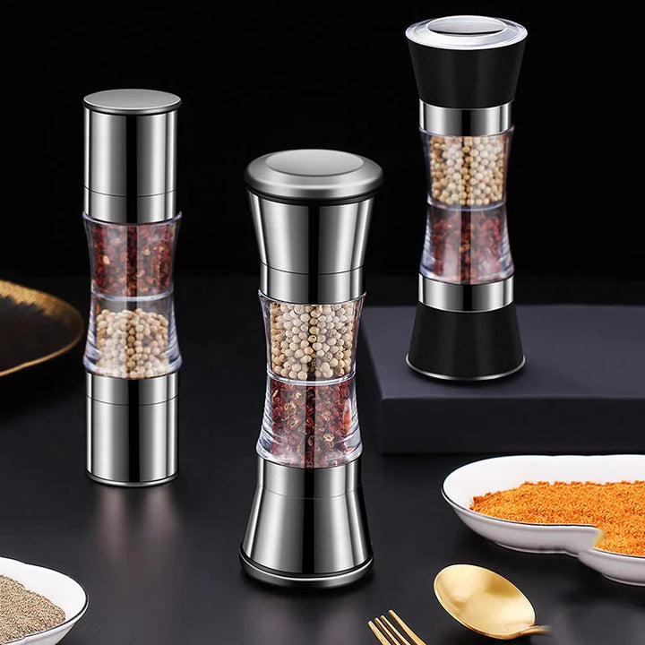 Moderne Edelstahl Gewürzmühle 2-in-1 für Salz und Pfeffer. Perfekter Küchenhelfer und Zubehör für frisch gemahlene Gewürze.