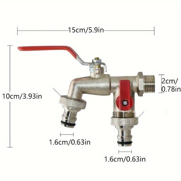 Praktischer 2-Wege Edelstahl Wasserhahn mit unabhängiger Ventilsteuerung für jeden Auslauf, ideal für den Garten.