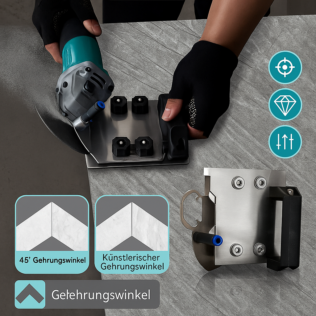 Edelstahl 45°-Gehrungsführung für Winkelschleifer, präzise Schnittführung für Fliesen.