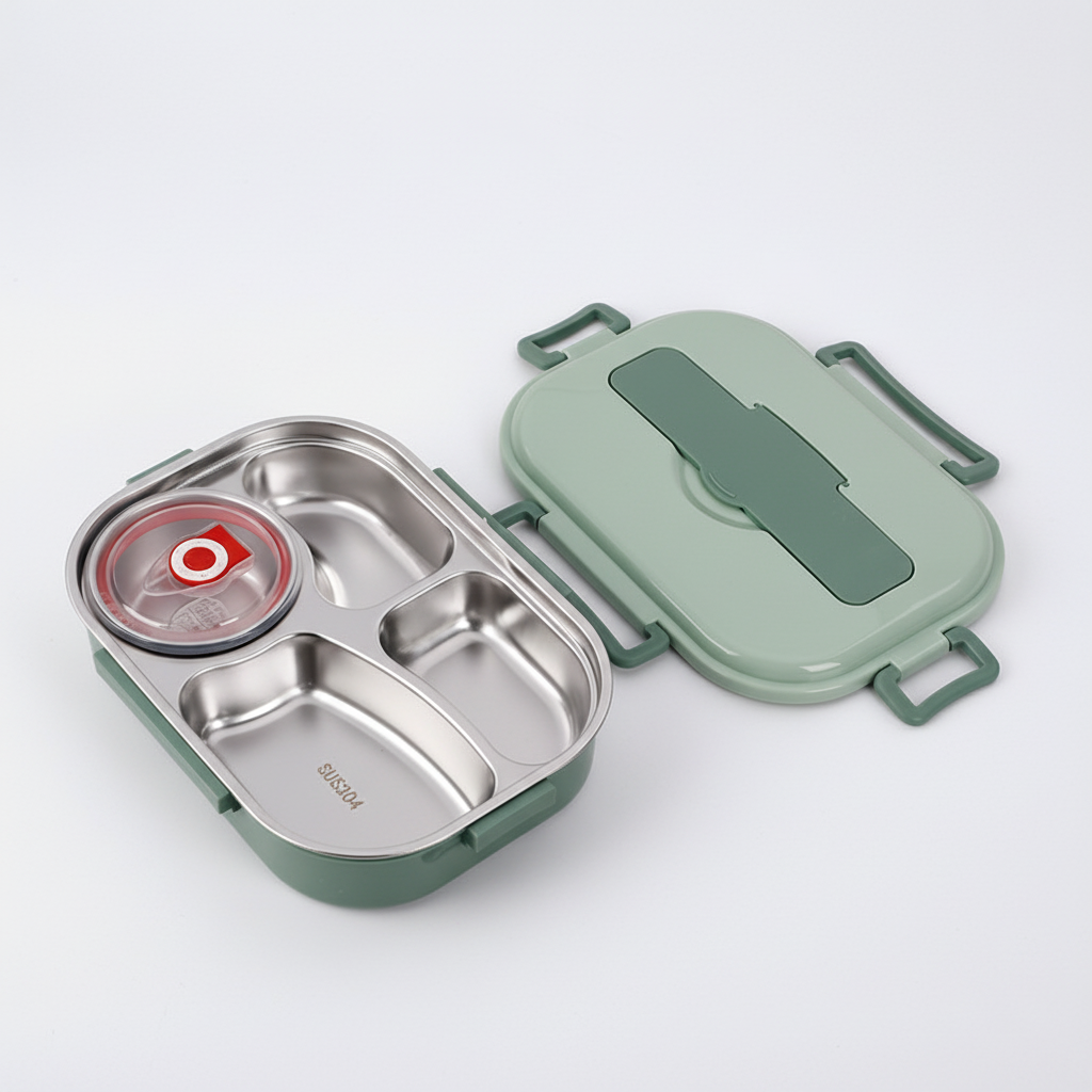 Praktische Edelstahl Thermobox von HeatNook für warme Mittagessen. Bento-Stil, ideal für unterwegs.