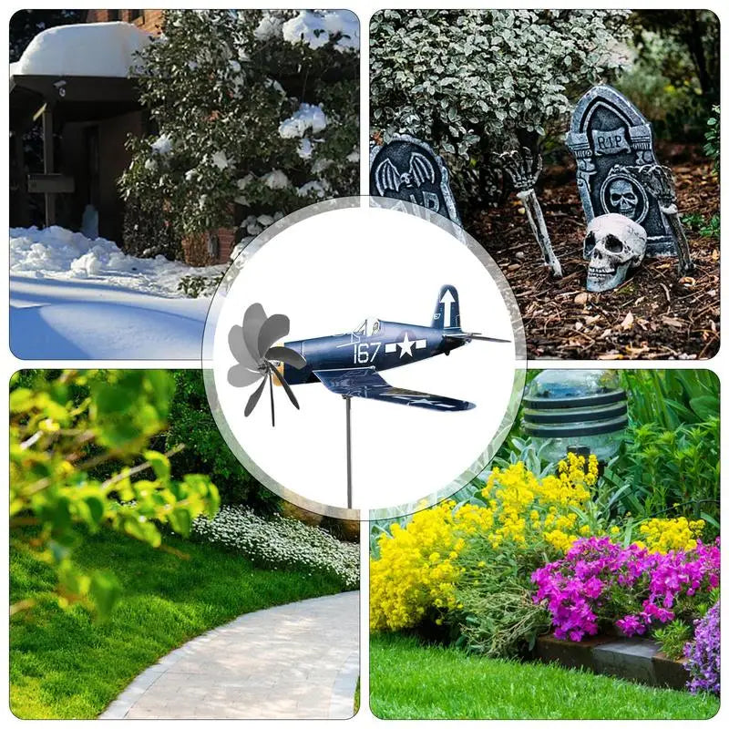 Glänzendes Edelstahl Flugzeug-Windrad als Blickfang im Garten. Bewegliches Gartenwindspiel für Rasen oder Beet.