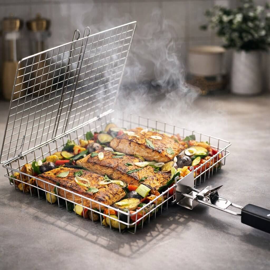 Edelstahl Grillkorb für Grillgut, ideal für Gemüse, Fisch & Fleisch. Robustes, spülmaschinengeeignetes BBQ Zubehör.